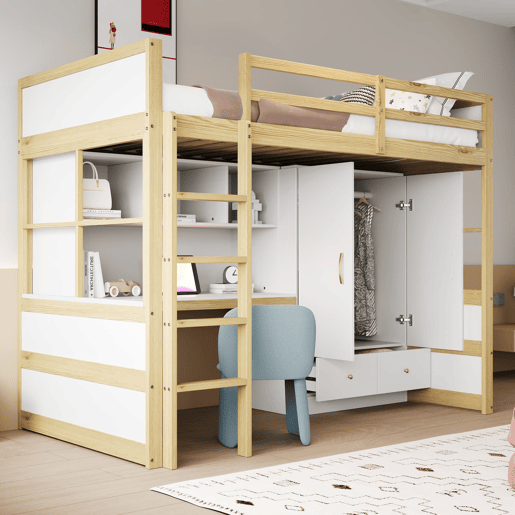 Cama alta 90x200 cm - Com escada, secretária com arrumação, armário e gavetas - Cor madeira Cama alta 90x200 cm - Com escada, secretária com arrumação, armário e gavetas - Cor madeira