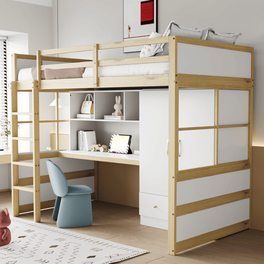 Cama alta 90x200 cm - Com escada, secretária com arrumação, armário e gavetas - Cor madeira Cama alta 90x200 cm - Com escada, secretária com arrumação, armário e gavetas - Cor madeira
