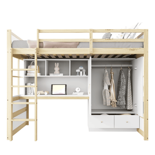 Cama alta 90x200 cm - Com escada, secretária com arrumação, armário e gavetas - Cor madeira Cama alta 90x200 cm - Com escada, secretária com arrumação, armário e gavetas - Cor madeira