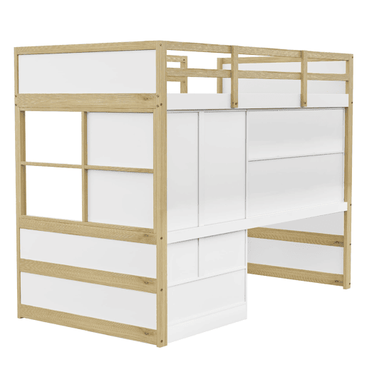 Cama alta 90x200 cm - Com escada, secretária com arrumação, armário e gavetas - Cor madeira Cama alta 90x200 cm - Com escada, secretária com arrumação, armário e gavetas - Cor madeira