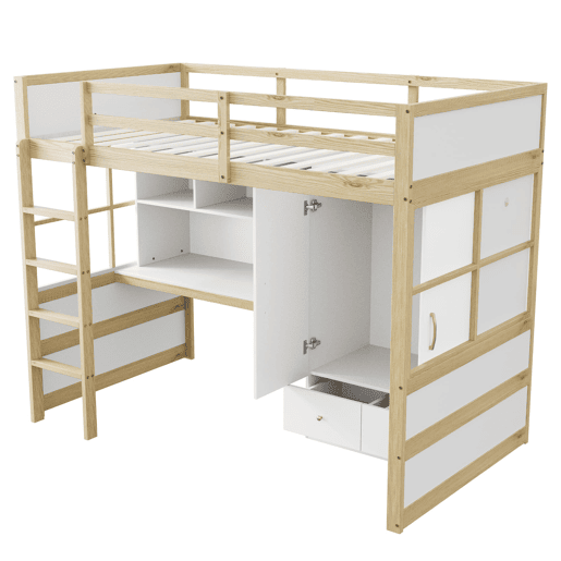 Cama alta 90x200 cm - Com escada, secretária com arrumação, armário e gavetas - Cor madeira Cama alta 90x200 cm - Com escada, secretária com arrumação, armário e gavetas - Cor madeira