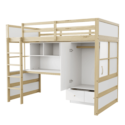 Cama alta 90x200 cm - Com escada, secretária com arrumação, armário e gavetas - Cor madeira Cama alta 90x200 cm - Com escada, secretária com arrumação, armário e gavetas - Cor madeira