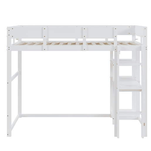 Cama alta 90x200 cm - Com prateleira, estrutura em pinho maciço, base de ripas, branca Cama alta 90x200 cm - Com prateleira, estrutura em pinho maciço, base de ripas, branca
