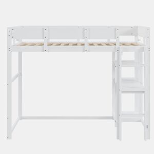 Cama alta 90x200 cm - Com prateleira, estrutura em pinho maciço, base de ripas, branca