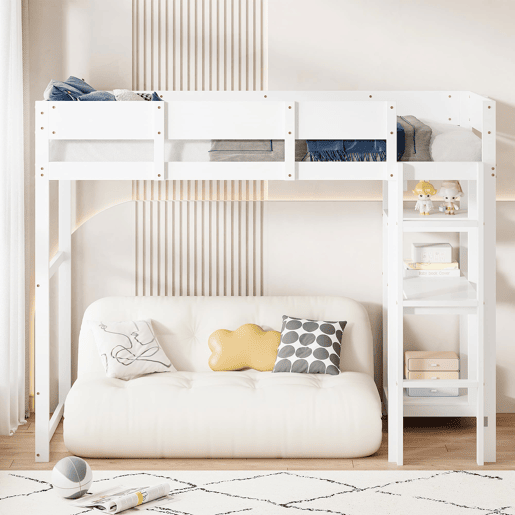 Cama alta 90x200 cm - Com prateleira, estrutura em pinho maciço, base de ripas, branca Cama alta 90x200 cm - Com prateleira, estrutura em pinho maciço, base de ripas, branca
