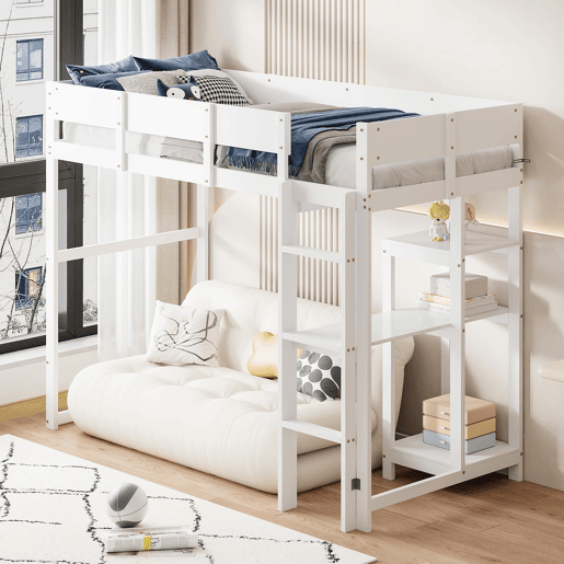 Cama alta 90x200 cm - Com prateleira, estrutura em pinho maciço, base de ripas, branca Cama alta 90x200 cm - Com prateleira, estrutura em pinho maciço, base de ripas, branca