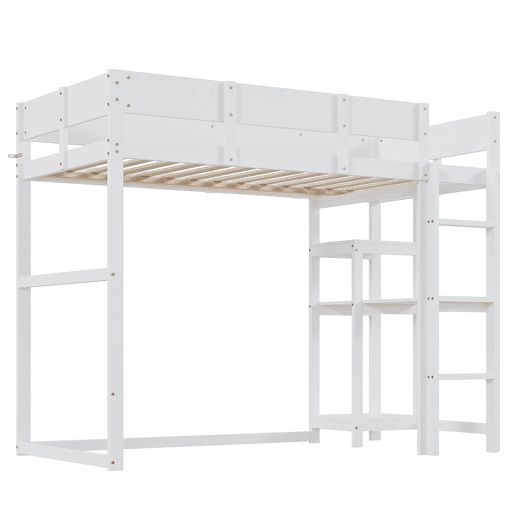 Cama alta 90x200 cm - Com prateleira, estrutura em pinho maciço, base de ripas, branca Cama alta 90x200 cm - Com prateleira, estrutura em pinho maciço, base de ripas, branca