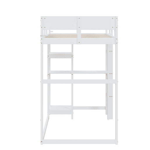Cama alta 90x200 cm - Com prateleira, estrutura em pinho maciço, base de ripas, branca Cama alta 90x200 cm - Com prateleira, estrutura em pinho maciço, base de ripas, branca
