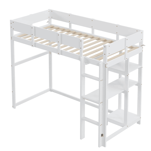Cama alta 90x200 cm - Com prateleira, estrutura em pinho maciço, base de ripas, branca Cama alta 90x200 cm - Com prateleira, estrutura em pinho maciço, base de ripas, branca