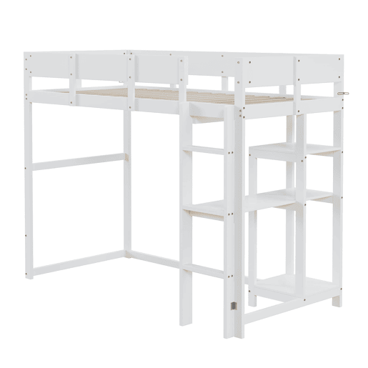Cama alta 90x200 cm - Com prateleira, estrutura em pinho maciço, base de ripas, branca Cama alta 90x200 cm - Com prateleira, estrutura em pinho maciço, base de ripas, branca