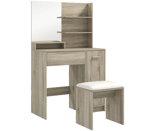 Homcom tocador de maquillaje con taburete, tocador con espejo, estantes abiertos, cajón y estante ajustable, anti-vuelco, para dormitorio, salón y