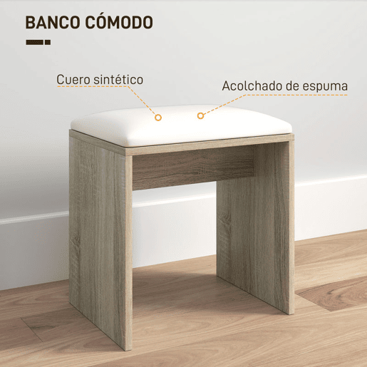 HOMCOM Toucador de Maquilhagem com Banco Mesa de Maquilhagem com Espelho Prateleiras Abertas Gaveta e Prateleira Ajustável Anti-Tombo para Dormitório Madeira e Bege