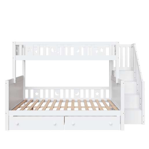 Cama infantil 90x200140x200 cm - Beliche em madeira maciça com escada de segurança, 2 gavetas - Branco Cama infantil 90x200140x200 cm - Beliche em madeira maciça com escada de segurança, 2 gavetas - Branco