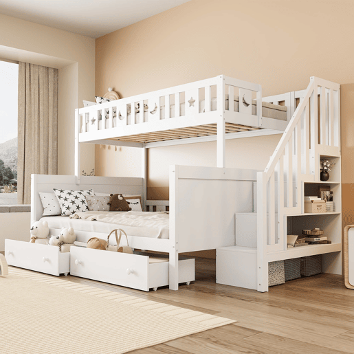 Cama infantil 90x200140x200 cm - Beliche em madeira maciça com escada de segurança, 2 gavetas - Branco Cama infantil 90x200140x200 cm - Beliche em madeira maciça com escada de segurança, 2 gavetas - Branco