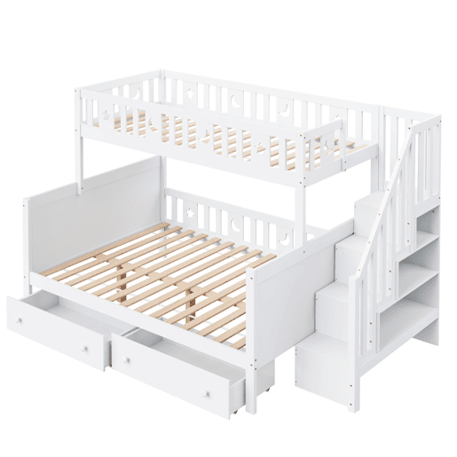 Cama infantil 90x200140x200 cm - Beliche em madeira maciça com escada de segurança, 2 gavetas - Branco Cama infantil 90x200140x200 cm - Beliche em madeira maciça com escada de segurança, 2 gavetas - Branco