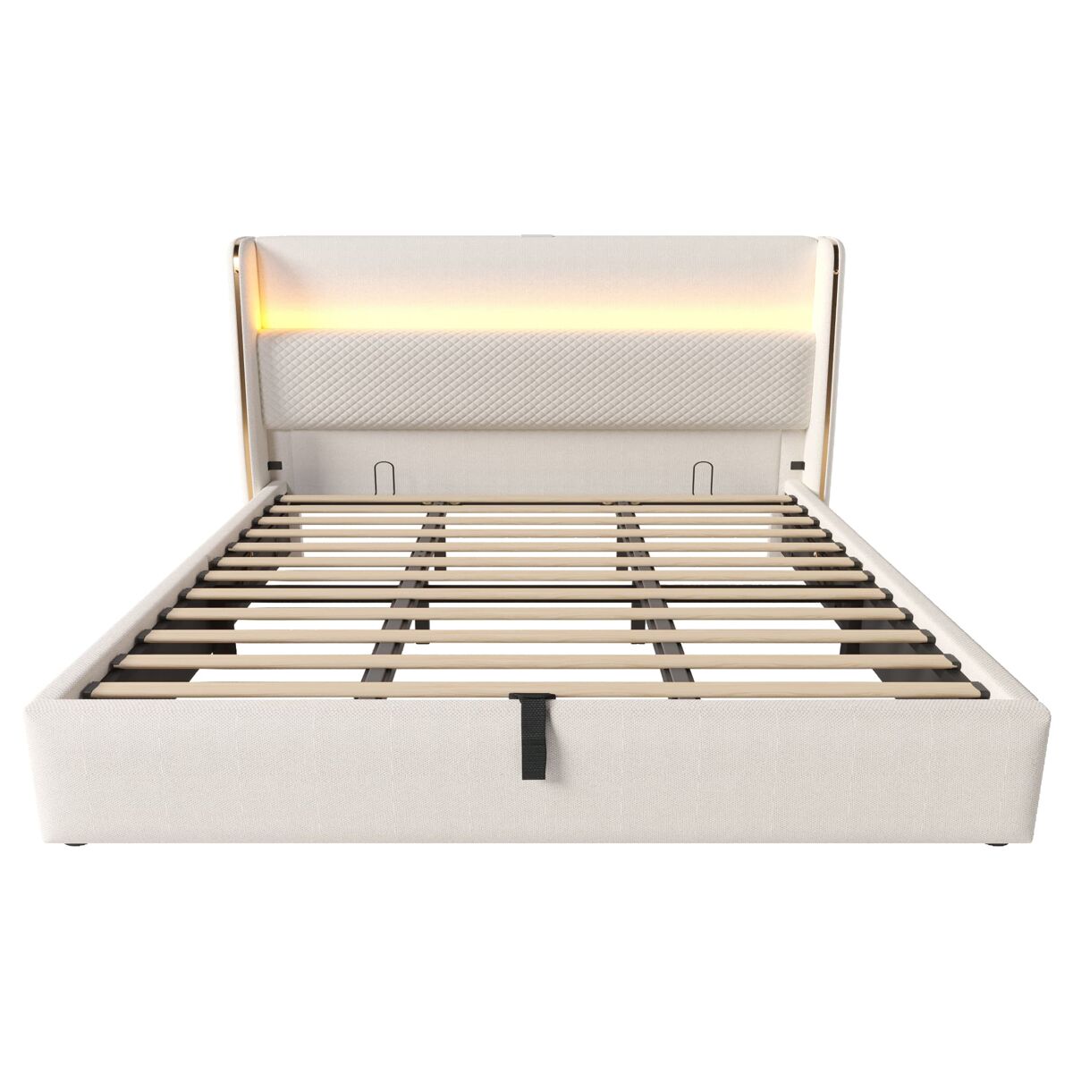 Cama hidráulica 180x200 cm - con led, almacenamiento, puertos usb/type-c - beige