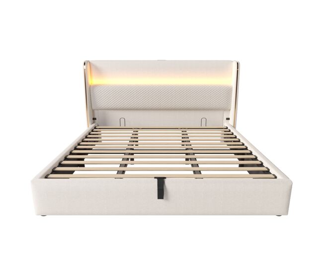 Cama hidráulica 180x200 cm - con led, almacenamiento, puertos usb/type-c - beige
