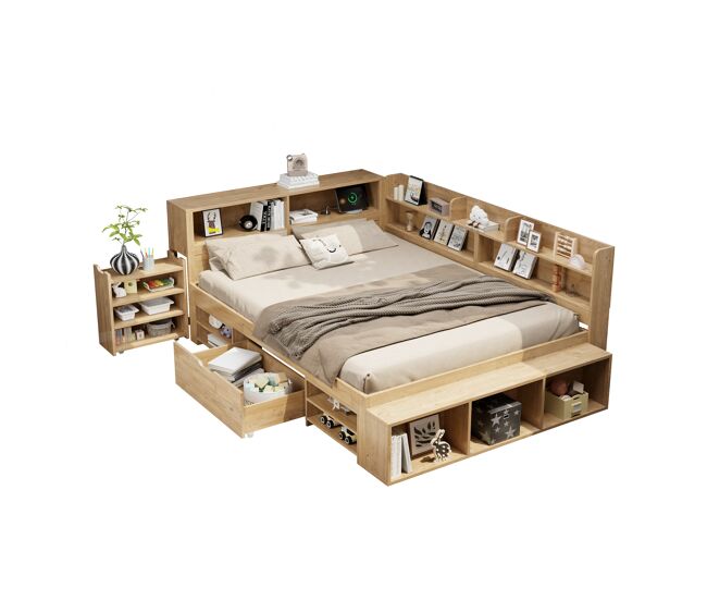 Cama infantil 140x200 cm - multifuncional con mesita, cajones, estantes y almacenamiento - natural