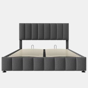 Cama estofada hidráulica 140x200 cm - Cabeceira ajustável, estrutura metálica, arrumação - Cinza