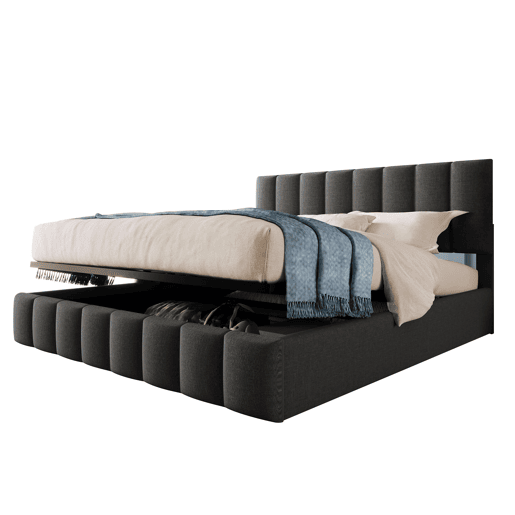 Cama estofada hidráulica 140x200 cm - Cabeceira ajustável, estrutura metálica, arrumação - Cinza