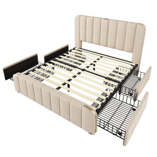 Cama estofada 160x200 cm - Cabeceira acolchoada com franjas douradas, função de carregamento USB Tipo-C, 4 gavetas - Bege