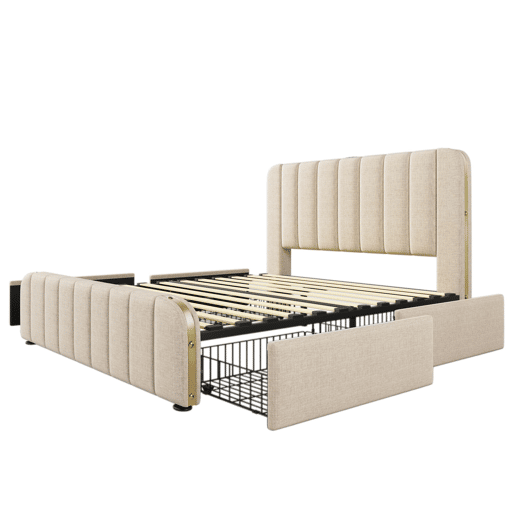 Cama estofada 160x200 cm - Cabeceira acolchoada com franjas douradas, função de carregamento USB Tipo-C, 4 gavetas - Bege