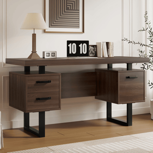 Secretária simples 135 x 54 cm - MDF e aço, gaveta silenciosa, gaveta para pastas, resistente à água - Castanho