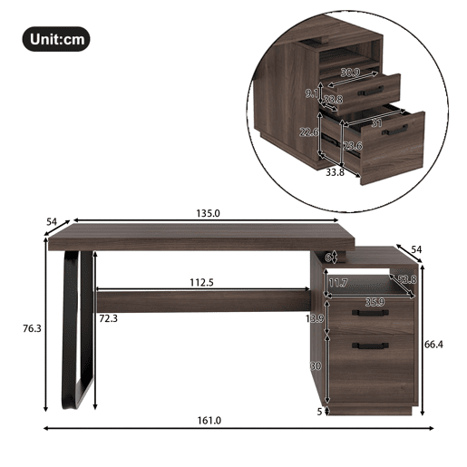 Secretária moderna 135x54 cm - design minimalista, com arrumação multifuncional - Castanho