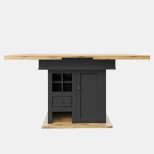 Mesa extensível telescópica (110-140×80 cm) - Mesa de cozinha com prateleira para garrafas de vinho e gavetas - Cor madeira