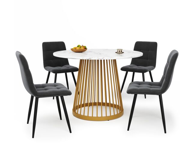Conjunto mesa y sillas 5 piezas - mesa redonda 80 cm, patas metálicas doradas, sillas terciopelo gris