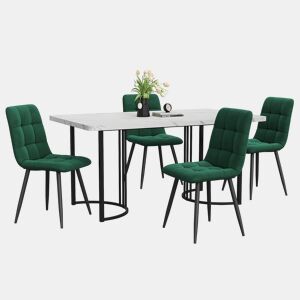Conjunto de sala de jantar de 5 peças 140×80 cm - Mesa com 4 cadeiras de veludo verde escuro e pernas metálicas pretas