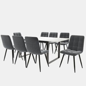 Conjunto de sala de jantar 140180x80cm - Mesa moderna com 8 cadeiras, veludo cinzento, pernas pretas, MDF