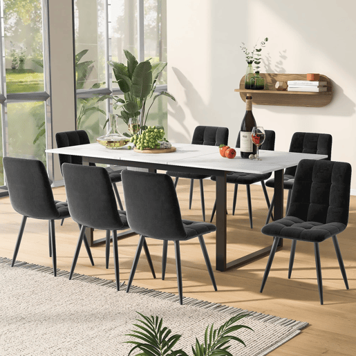 Conjunto de sala de jantar 140180x80cm - Mesa moderna com 8 cadeiras, veludo cinzento, pernas pretas, MDF