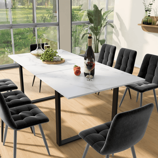 Conjunto de sala de jantar 140180x80cm - Mesa moderna com 8 cadeiras, veludo cinzento, pernas pretas, MDF