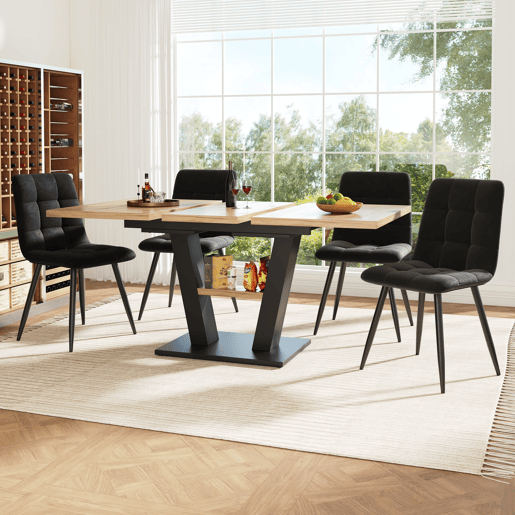 Conjunto de sala de jantar extensível 118-157x70 cm - 4 cadeiras, mesa com pernas em V - Preto, Natural