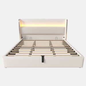 Cama hidráulica 180x200 cm - Com cabeceira ajustável, LED, armazenamento e portas USBType-C - Bege