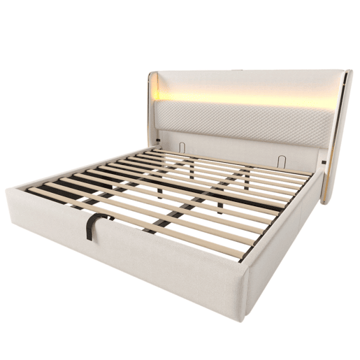 Cama hidráulica 180x200 cm - Com cabeceira ajustável, LED, armazenamento e portas USBType-C - Bege Cama hidráulica 180x200 cm - Com cabeceira ajustável, LED, armazenamento e portas USBType-C - Bege