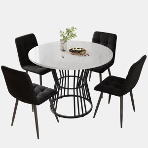 Conjunto de sala de jantar de 5 peças - Mesa redonda de 100 cm - Estrutura metálica preta - Cadeiras de veludo preto