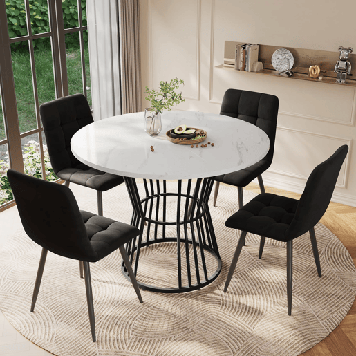 Conjunto de sala de jantar de 5 peças - Mesa redonda de 100 cm - Estrutura metálica preta - Cadeiras de veludo preto