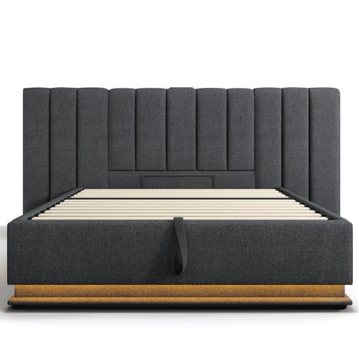 Cama Polsterbett 180x200 - Cama de casal com arrumação, LED controlável por aplicação e carregamento USB-C, linho, cinzento
