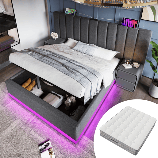 Cama Polsterbett 180x200 - Cama de casal com arrumação, LED controlável por aplicação e carregamento USB-C, linho, cinzento
