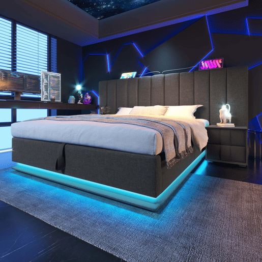 Cama Polsterbett 180x200 - Cama de casal com arrumação, LED controlável por aplicação e carregamento USB-C, linho, cinzento