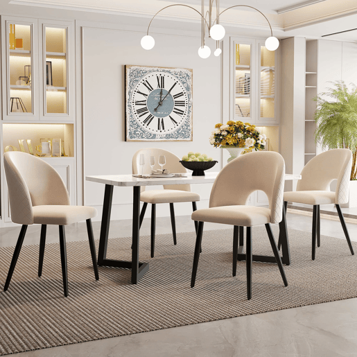 Conjunto de sala de jantar 117x68 cm - Mesa retangular com 4 cadeiras - Cadeiras de veludo bege - Pernas pretas