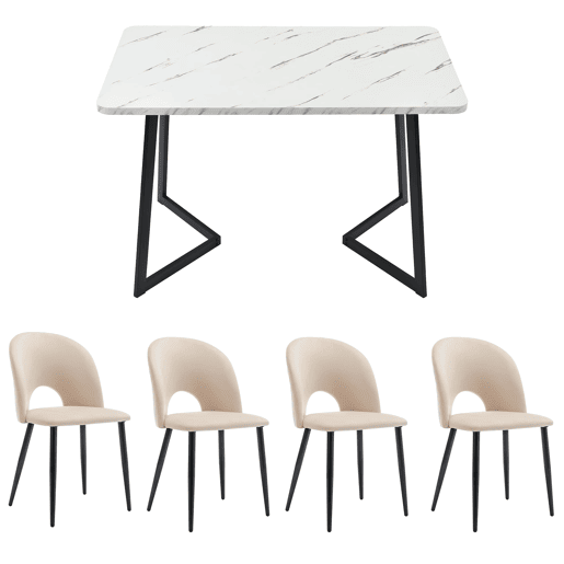 Conjunto de sala de jantar 117x68 cm - Mesa retangular com 4 cadeiras - Cadeiras de veludo bege - Pernas pretas