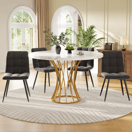 Conjunto de sala de jantar de 5 peças 80 cm - Mesa redonda com pernas metálicas douradas, tampo em mármore branco, cadeiras em veludo cinzento