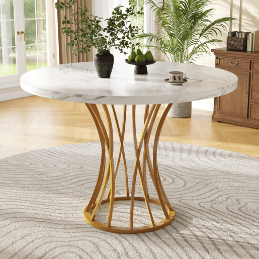 Conjunto de sala de jantar de 5 peças 80 cm - Mesa redonda com pernas metálicas douradas, tampo em mármore branco, cadeiras em veludo cinzento