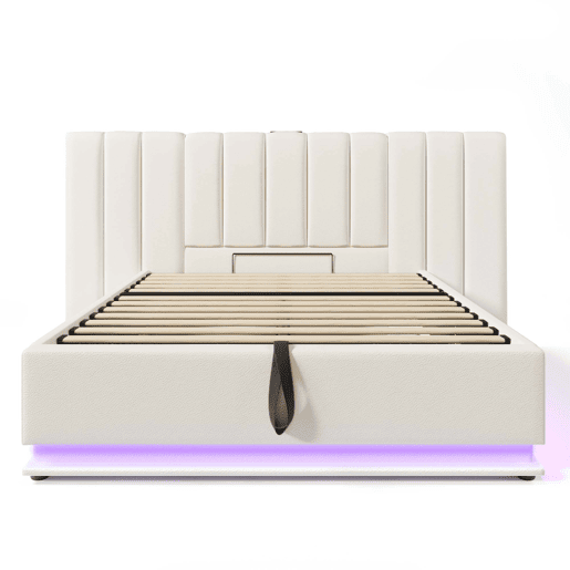 Cama Polsterbett 180x200 - Cama de casal com armazenamento hidráulico, LED e carregamento USB-C - Branco