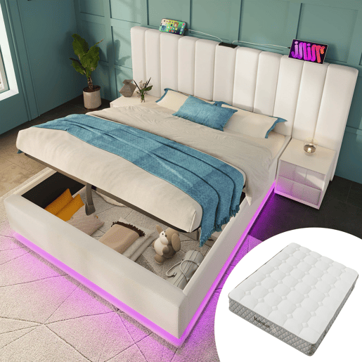 Cama Polsterbett 180x200 - Cama de casal com armazenamento hidráulico, LED e carregamento USB-C - Branco