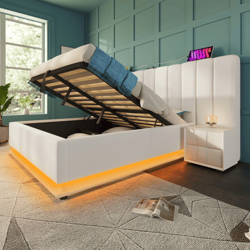 Cama Polsterbett 180x200 - Cama de casal com armazenamento hidráulico, LED e carregamento USB-C - Branco