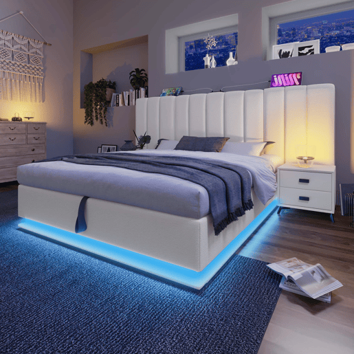 Cama Polsterbett 180x200 - Cama de casal com armazenamento hidráulico, LED e carregamento USB-C - Branco